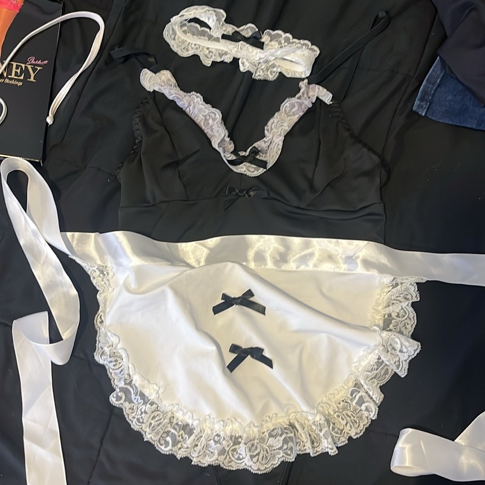 Avidlove Sexy Maid Costume Lingerie, 3 Pcs, Bodysuit Teddy, Apron, Garter, M